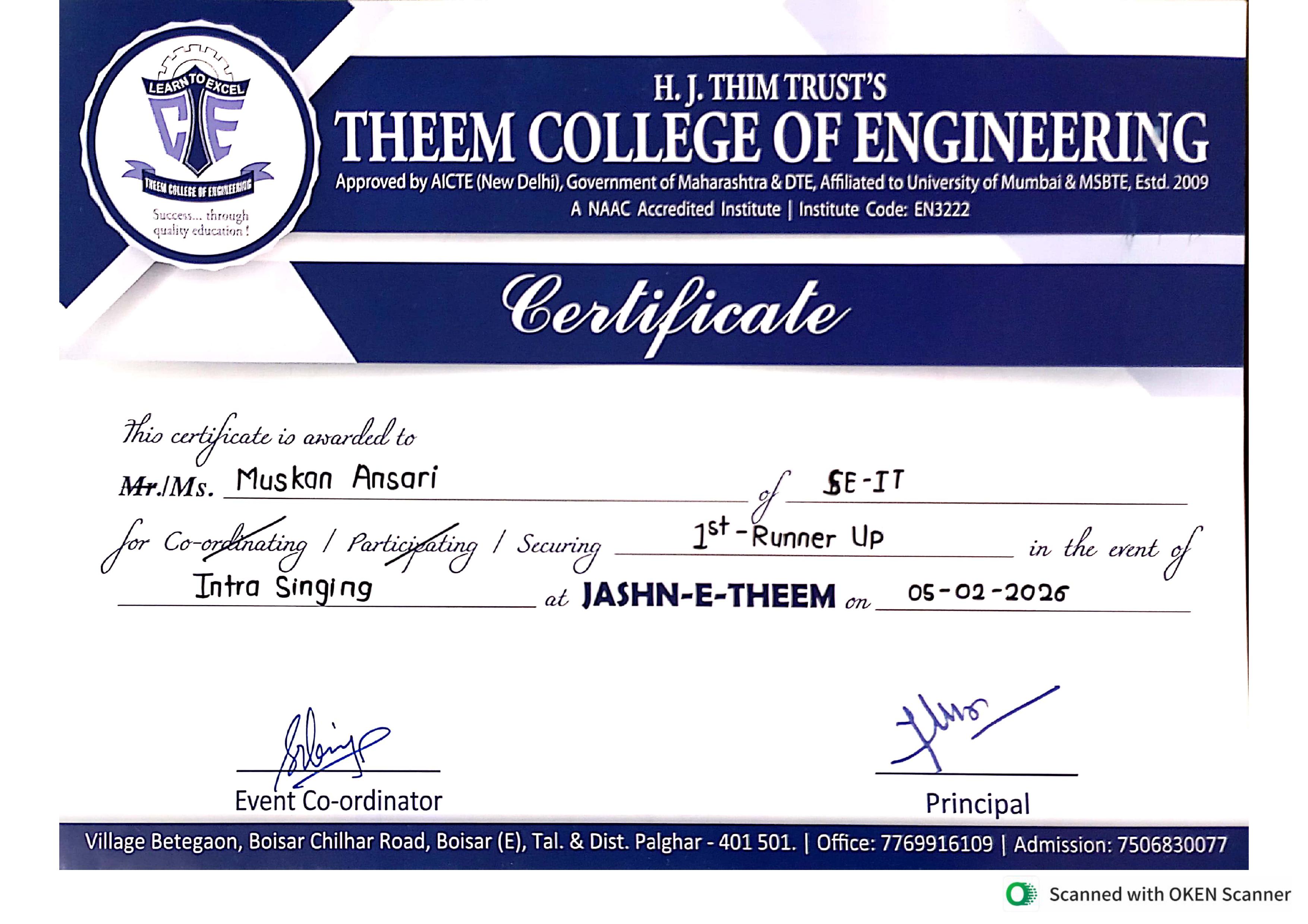 Singing Certificate